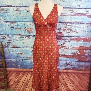 Elegant Red and Green Silk Patterned Midi Dress Size S